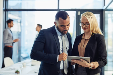 Poster - Office, business people and collaboration with tablet for reading, company research and info on website. Boardroom, teamwork and project manager with worker for corporate feedback, scroll and review