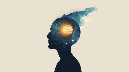 Silhouette of a head with a galaxy inside, symbolizing vast potential.