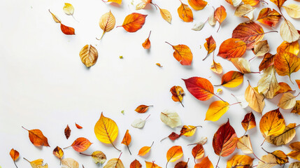 Wall Mural - colorful autumn leaves scattered on a white background