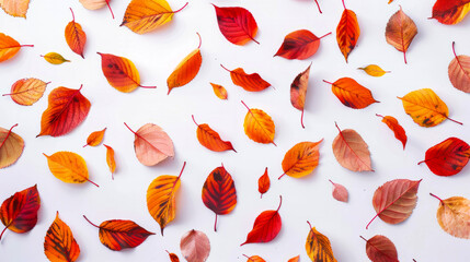 Wall Mural - vibrant autumn leaves in various shapes and colors scattered on a white background, capturing the es