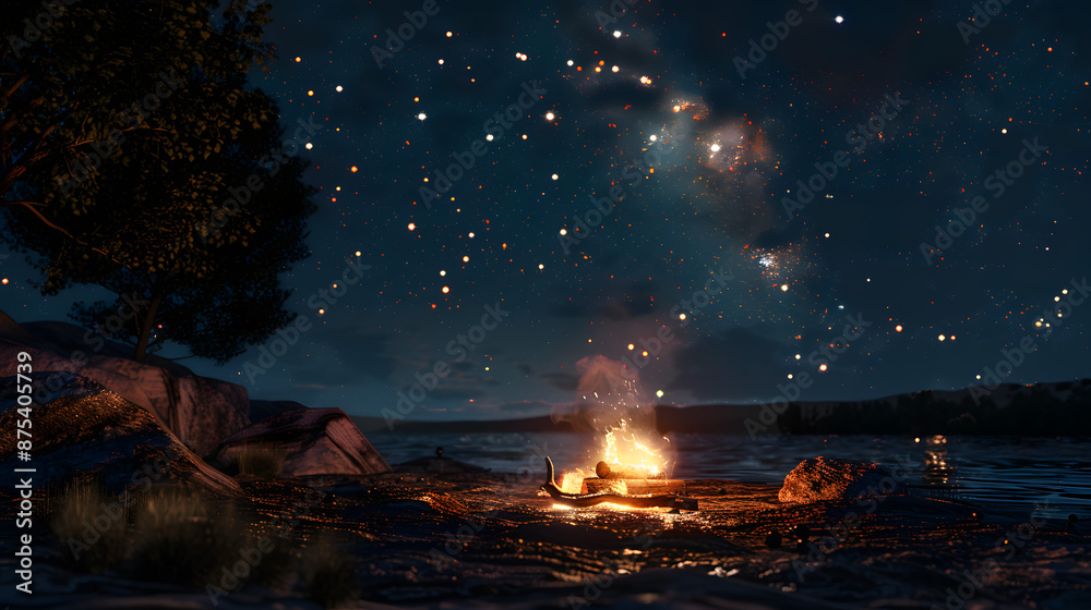 campfire burning on shore, by rocks and trees, under starry night sky ...