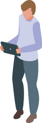Poster - Office worker is standing and using a digital tablet, possibly browsing the internet or working on a project