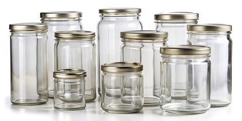 Collection of clear glass jars with silver lids standing upright on a pristine white background, empty and ready for food storage or decorative use.