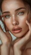 © LukaszDesign - Female hand stroking face, closeup, dermatological with skincare on studio background. Happy skin, natural cosmetics, and manicure