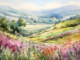 Poster - Digital painting of a meadow with flowers and mountains in the background