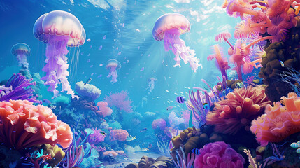 Wall Mural - Dreamy Underwater Scene with Colorful Corals and Jellyfish