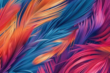 Poster - Image presents a vibrant collection of multicolored feathers in motion, creating a flowing and dynamic abstract pattern with a mix of bright and vivid hues.