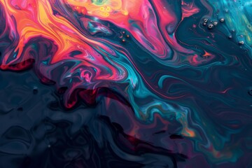 Poster - This image depicts an abstract fluid painting with vibrant colors of orange, blue, and pink blending beautifully, creating a mesmerizing and dynamic visual effect.