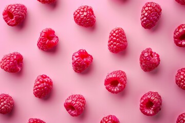 Aufkleber - A stunning display of succulent raspberries scattered over a soft pink field, emphasizing their luscious texture, vibrant red color, and fresh quality in a visually appealing composition.