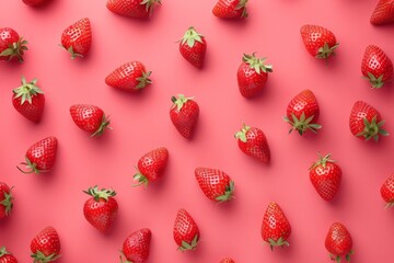 Aufkleber - An artistic display of tempting strawberries spread out on a coral pink background, highlighting their freshness and lush appearance, ideal for food and lifestyle themes.