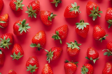 Aufkleber - A collection of luscious strawberries artistically spread across a bright red background, emphasizing their freshness and vivid color, perfect for food and health-oriented visuals.