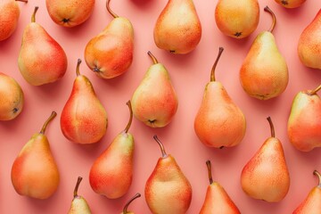 Poster - A vibrant array of orange pears artistically arranged on a coral background, showcasing the texture and color contrast in a fresh and modern style.