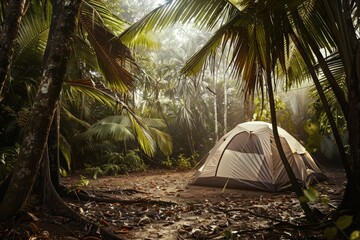 Aufkleber - A camping tent amidst a tropical rainforest illuminated by morning light, representing an adventurous getaway surrounded by nature’s lush greenery and serene atmosphere.