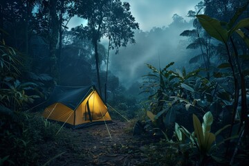 Aufkleber - A luminescent tent glows gently in a tranquil, misty night jungle, surrounded by thick foliage and tall trees, creating a mysterious and serene camping atmosphere.