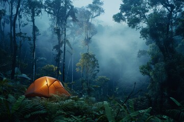 Poster - A vibrant orange tent is set up in a misty, densely forested area during early morning light, creating a serene and tranquil camping scene imbued with natural beauty.