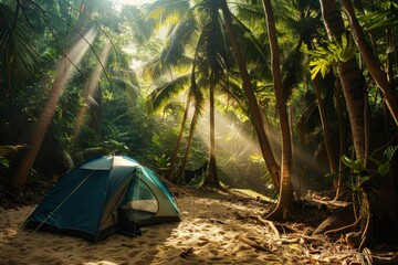 Poster - A green tent is pitched on a sandy forest clearing with sun rays filtering through the dense canopy of trees, creating a captivating and inviting camping setting.