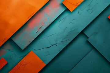 Poster - This abstract image features overlapping geometric shapes in vibrant orange and teal colors, creating a striking visual contrast and a sense of depth and modernity.