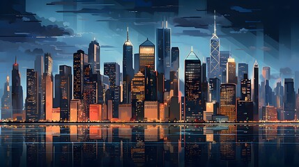 Wall Mural - Panoramic view of New York City at night with reflections in water.