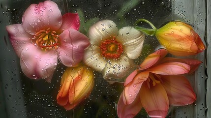 Wall Mural - Close-up of colorful flowers seen through glass with water droplets, creating a watercolor painting effect.
Concept: postcard design, interior posters, backgrounds for digital design, holiday campaig