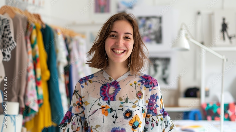 A high-resolution photo of a fashion designer smiling in their studio ...