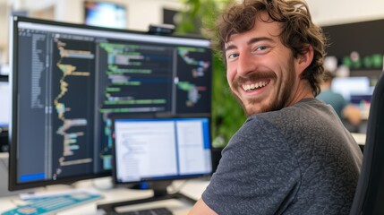 a high-resolution photo of a software developer smiling in their office with multiple monitors and c