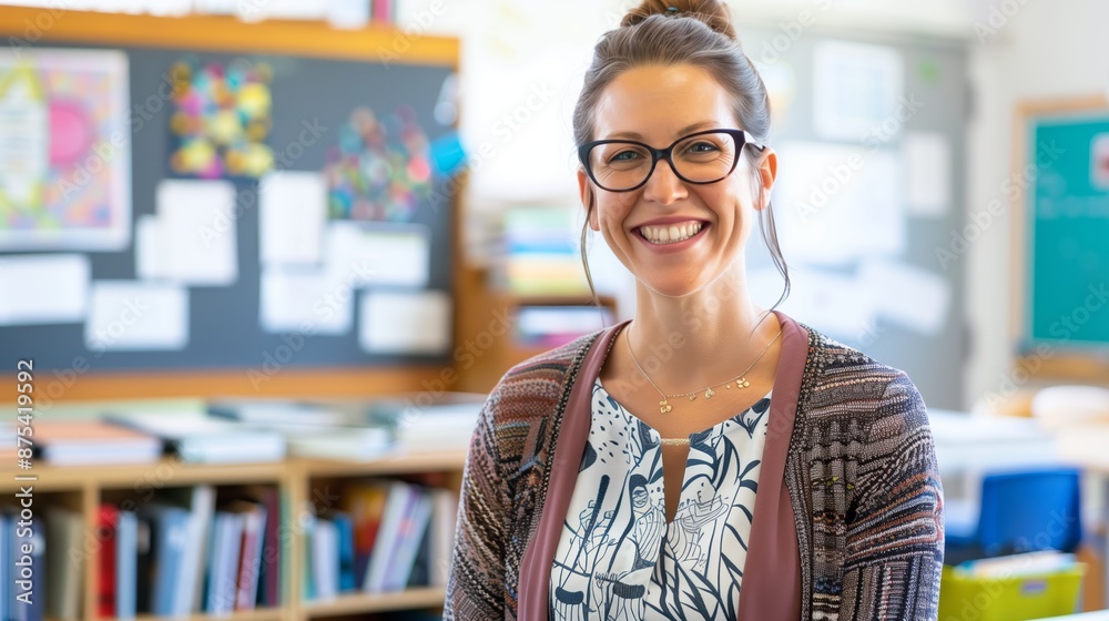 A high-resolution photo of a teacher smiling in a classroom with books ...