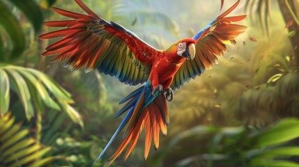 Poster - A colorful parrot in mid-flight, with vivid feathers contrasting against a tropical backdrop.