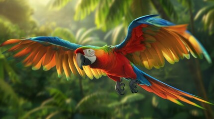 Poster - A colorful parrot in mid-flight, with vivid feathers contrasting against a tropical backdrop.
