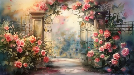 Wall Mural - A garden gate with roses, sun light watercolor, detailed, wallpaper design, art pastel color, banner, and wall design for print