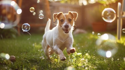 Aufkleber - A dog chasing bubbles blown by its owner in a sunny backyard, with joy on its face.