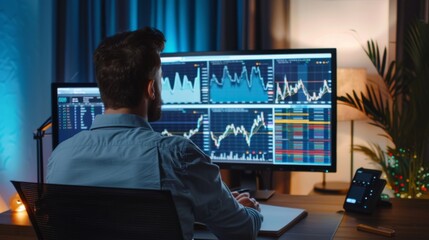 Poster - A financial analyst writing notes while studying graphs on a large monitor.