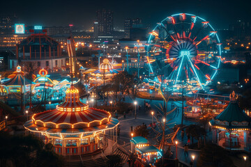 Wall Mural - View of the lights from the amusement park at night.