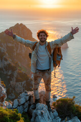 Wall Mural - Caucasian man carrying backpack and outstretched arms at cliff at sunrise.