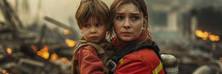 Caucasian female firefighter carries boy out of burnt house ruins.