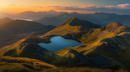Wall Mural - A tranquil mountain range with gently sloping hills and clear blue lakes, under a golden sunset.