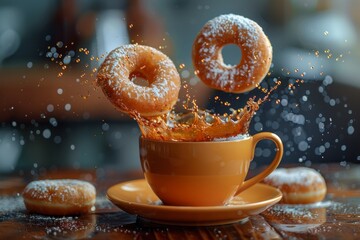 Sticker - Delicious Donuts Splashing into Coffee Cup