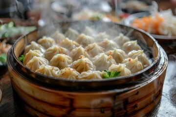 Wall Mural - Steamed Dumplings in Bamboo Basket