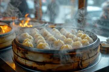 Wall Mural - Steaming Dumplings in Bamboo Steamer