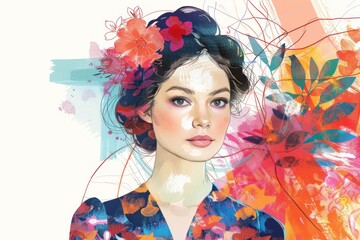 Poster - Stylized Portrait of a Woman with Floral Elements