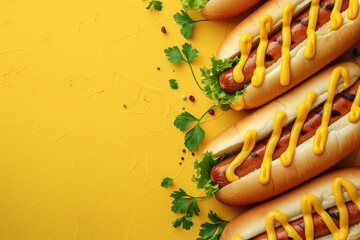 Wall Mural - Hot Dogs with Mustard on Yellow Background