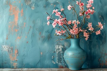 Canvas Print - Blue Vase with Pink Flowers on Artistic Background