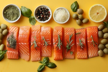 Wall Mural - Fresh Salmon Fillets with Herbs and Spices