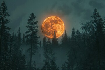 Canvas Print - Orange Moon Rising over Forest