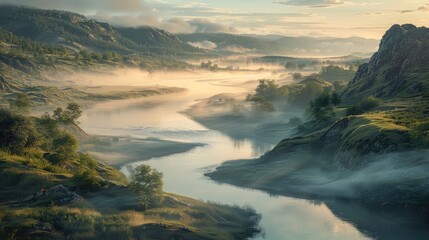 Wall Mural - A tranquil river winding through a valley at dawn, with morning mist rising from the water and soft light illuminating the scene.
