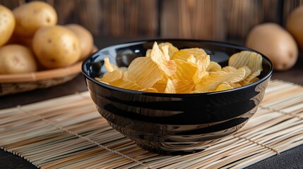 Wall Mural - Engine_wavy_potato_chips_in_a_black_bowl_on_a_wooden_table_generative_Ai_