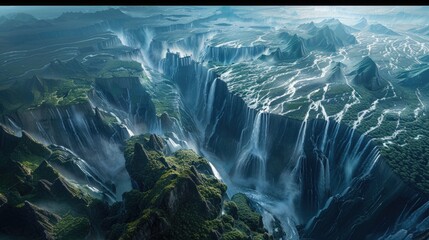 Wall Mural - A vast landscape where rivers flow through the air and form intricate waterfalls.