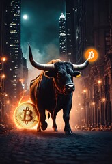 Wall Mural - Bitcoin BTC bull market is coming. Bull Market Wall Street Financial Concept