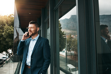 Poster - Man, outside and talking or phone call for business, communication and discussion with virtual client. Negotiation, corporate employee and speaking for feedback, conversation and city balcony