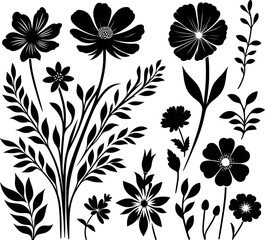 decorative Floral design Silhouette Motif Pattern, Flower design elements silhouette pattern black and white