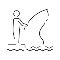 Poster - Minimal fishing icon of outdoor recreation including line, lure, lake, boat, dock, hook, pole, reel, worm, tackle box and clothing such as waders and a vest